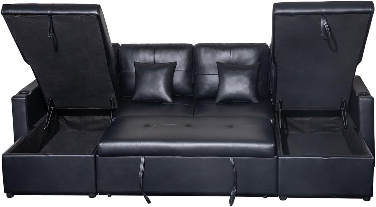 U Shaped Sofa Bed 4 Seater with Storage Pull Out Couch Black Fabric RH