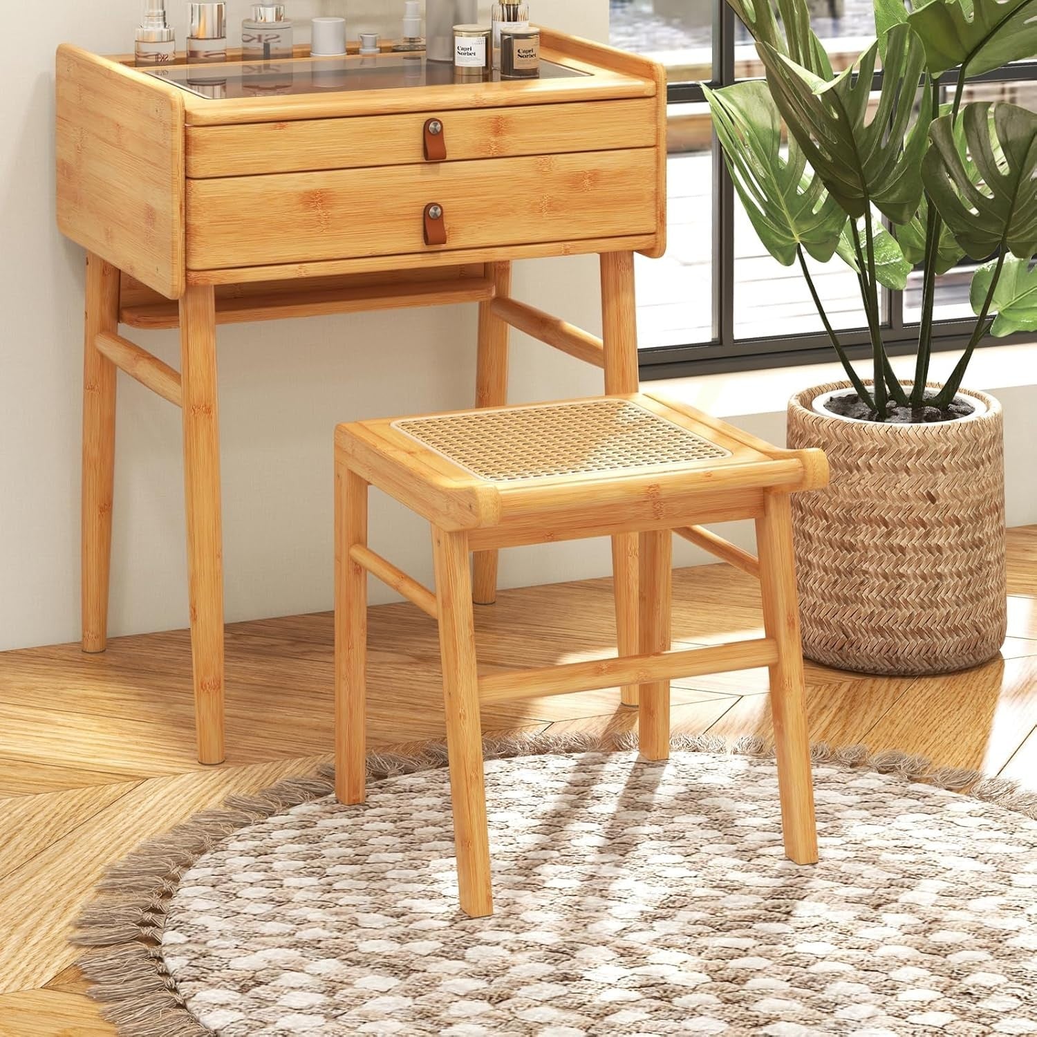 Natural Bamboo Vanity Stool Rattan Top Footrest Dressing Table Seat 38×40×43cm