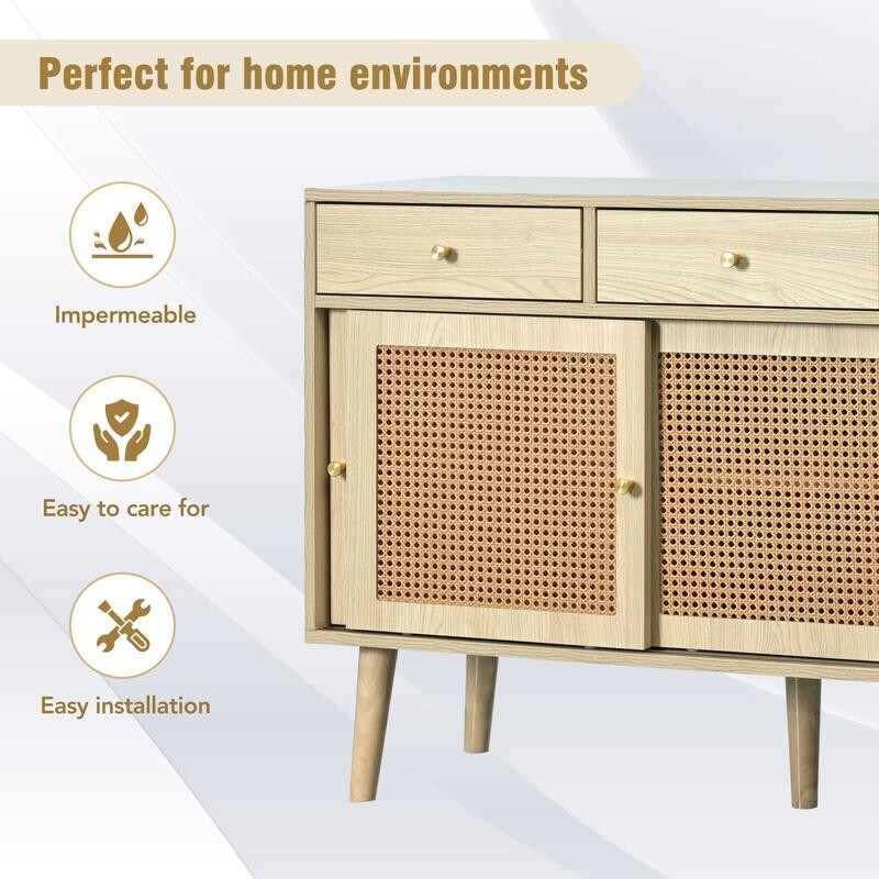 Rattan Sideboard Cabinet 3 Drawer Storage Unit 120cm Boho Retro Wood