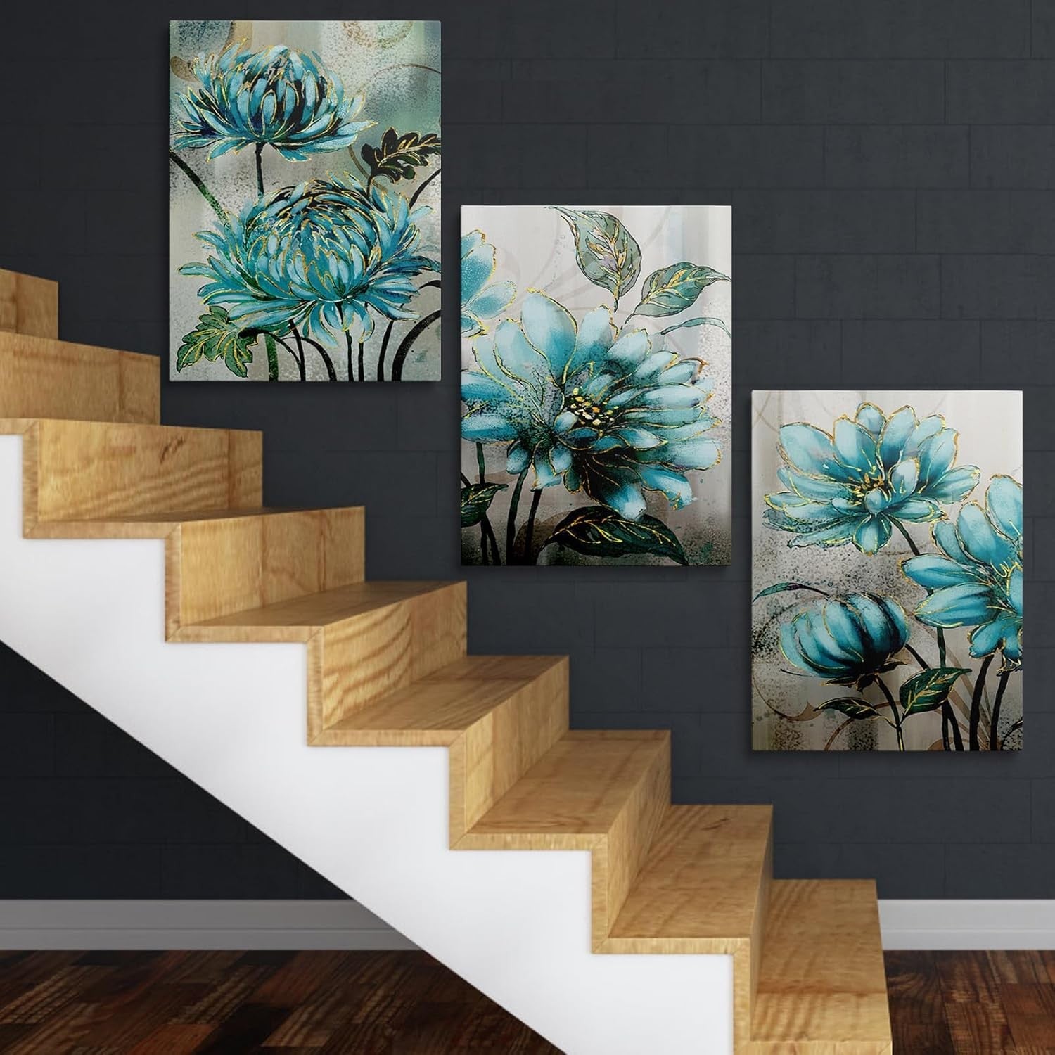 Framed Blue Floral Canvas Wall Art Set of 3 16x12 Modern Decor