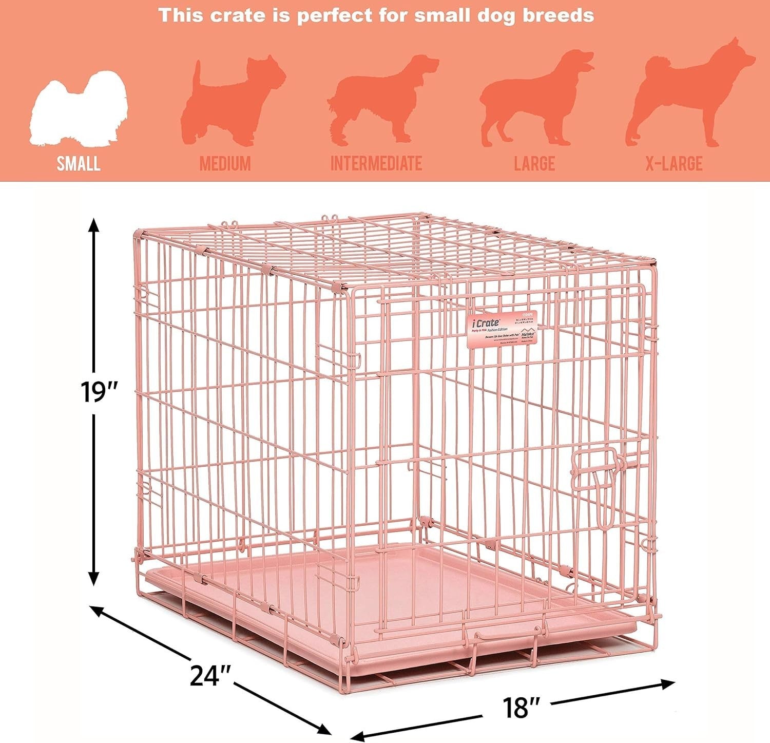 Pink Small Single Door Dog Crate 62x44x49cm with Divider & Leak-Proof Pan