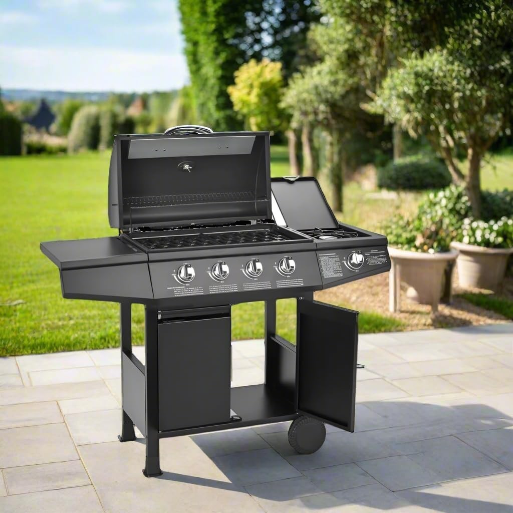 5 Burner Gas BBQ Grill with Side Burner & Storage – Large Outdoor Gas Barbecue