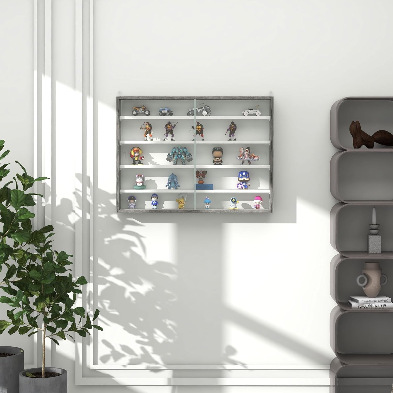 5-Tier Grey Wood Display Cabinet | Wall-Mounted Glass Sliding Door Shelf 60×80cm