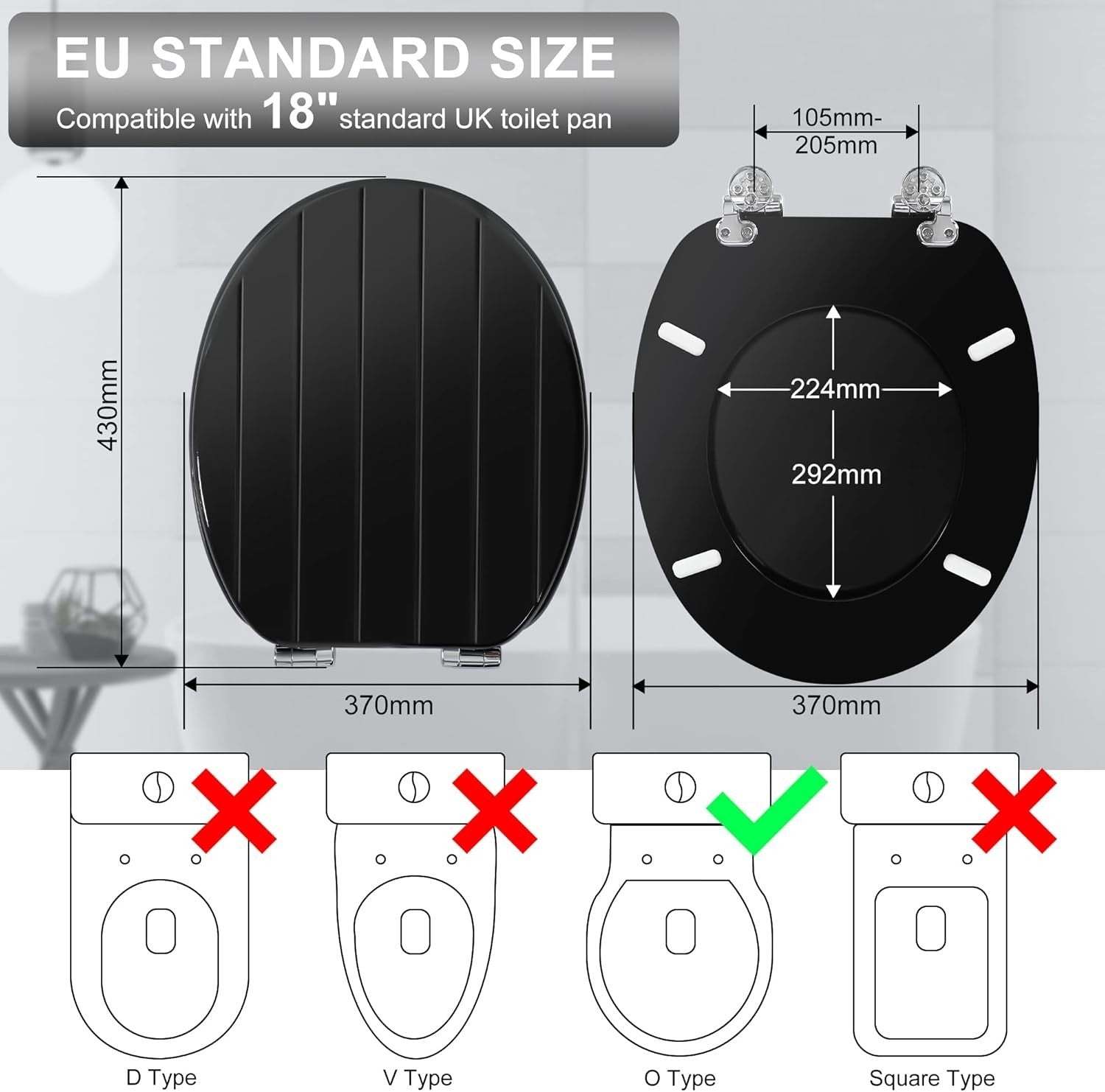 Black Wooden Toilet Seat Soft Close Quick Release Antibacterial Oval