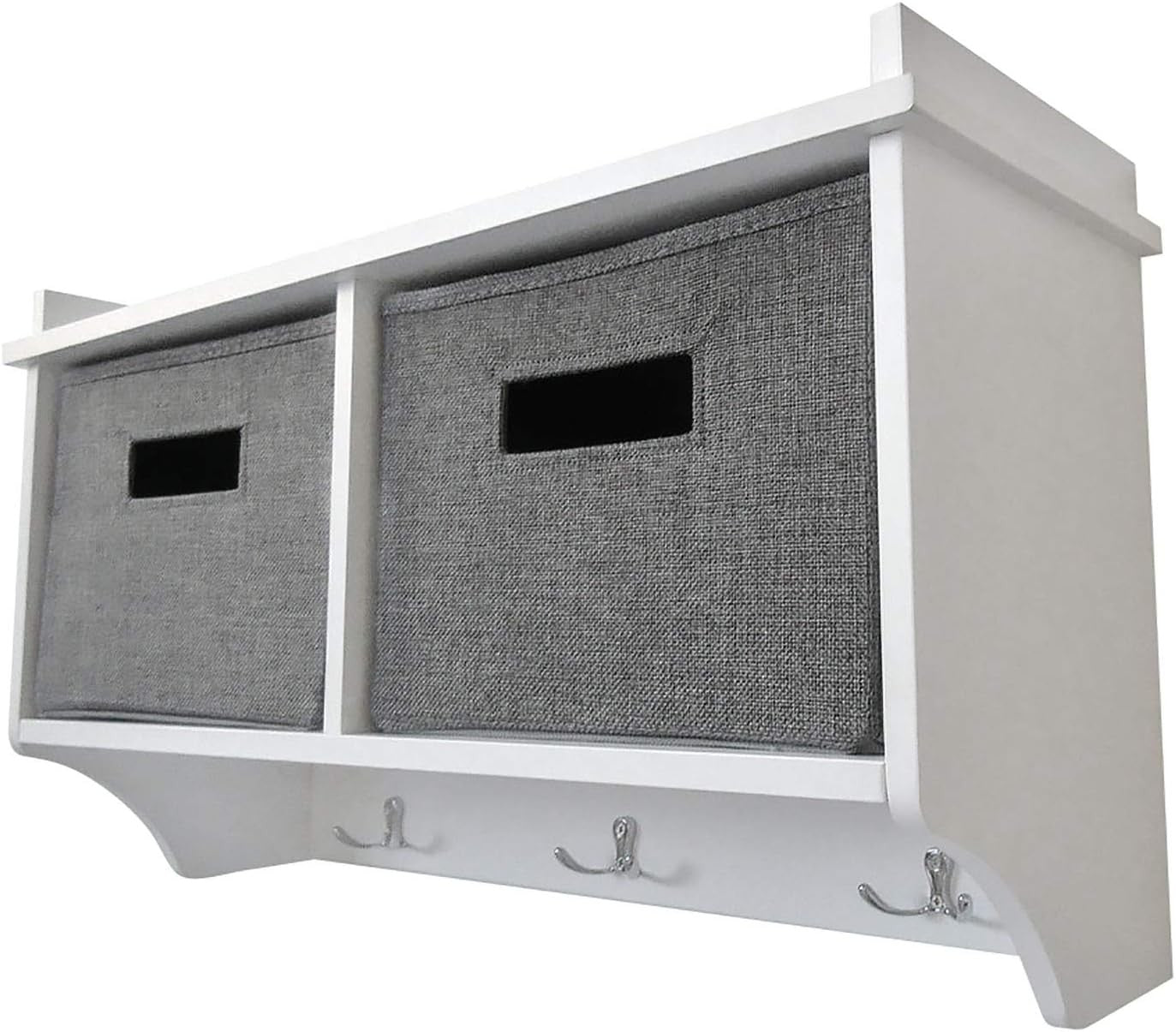 White Wall Mounted Coat Rack | 3 Hooks & 2 Fabric Baskets Hallway Shelf