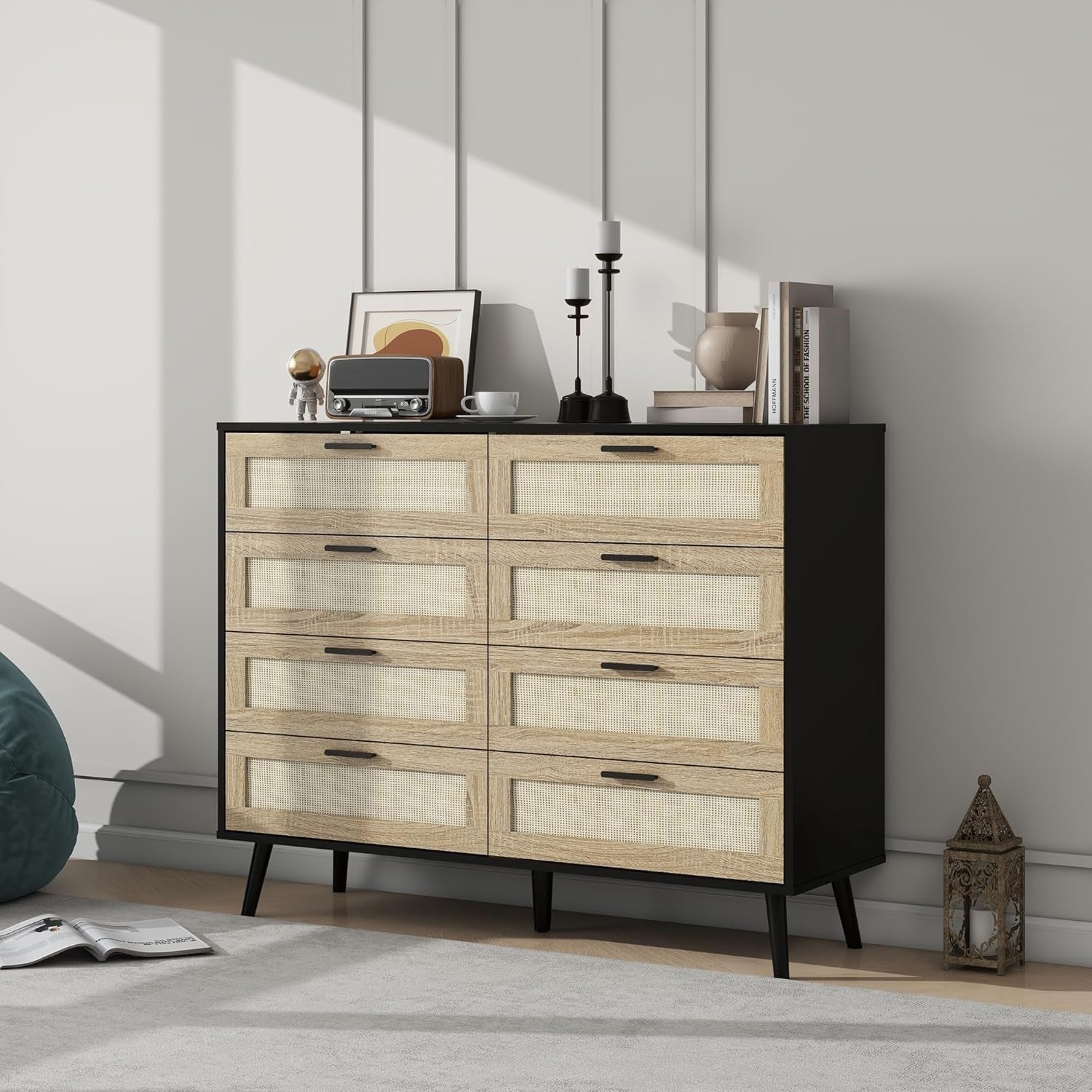 Rattan Chest of 8 Drawers Black Wood Storage Unit Bedroom Hallway Modern