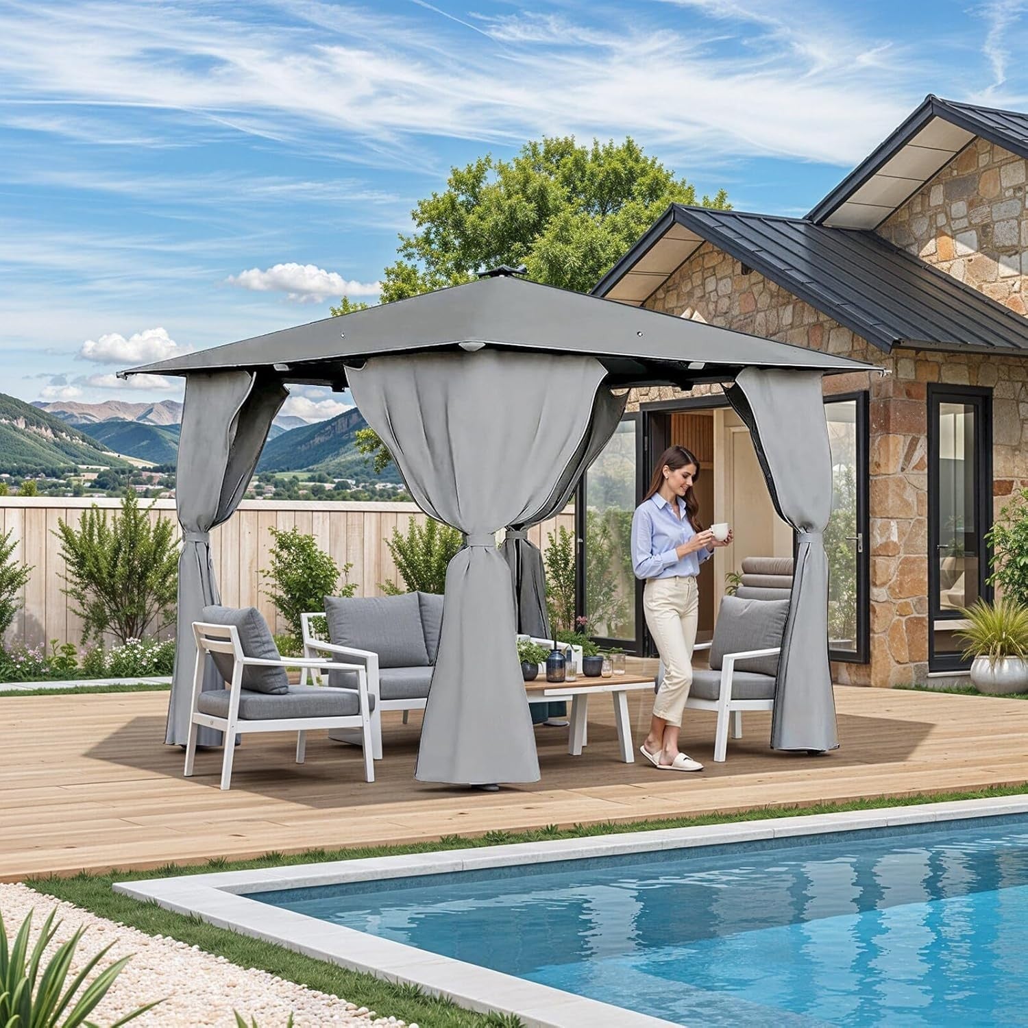 3x3M Metal Gazebo with Solar LED Lights & Curtains | Remote Control Outdoor