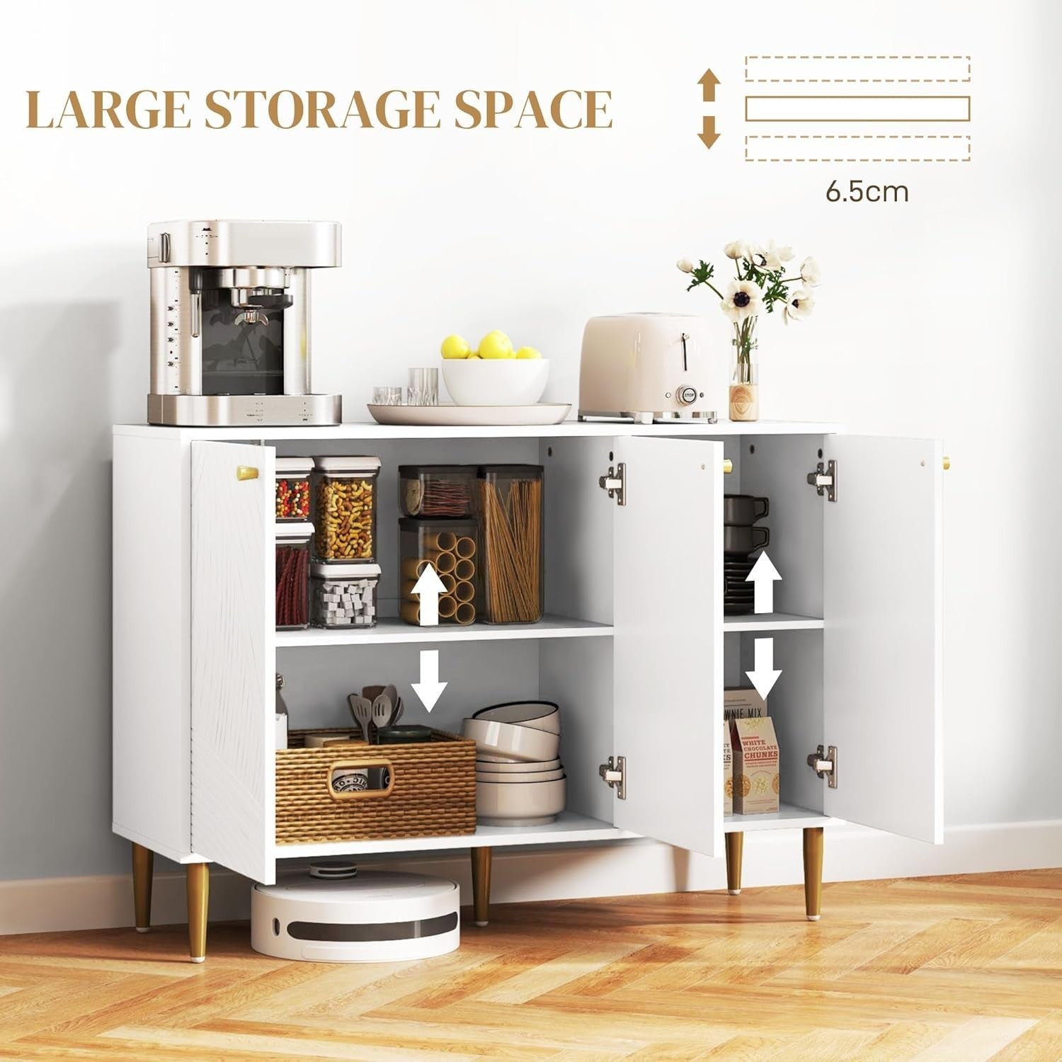 White Modern Sideboard Cabinet 3 Doors Adjustable Shelves Anti-Tip Storage