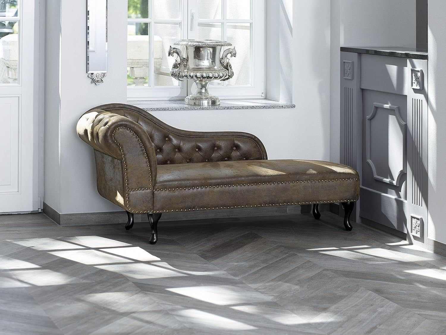 Left Hand Chesterfield Chaise Lounge Faux Suede Brown Sofa 169cm Elegant Tufted