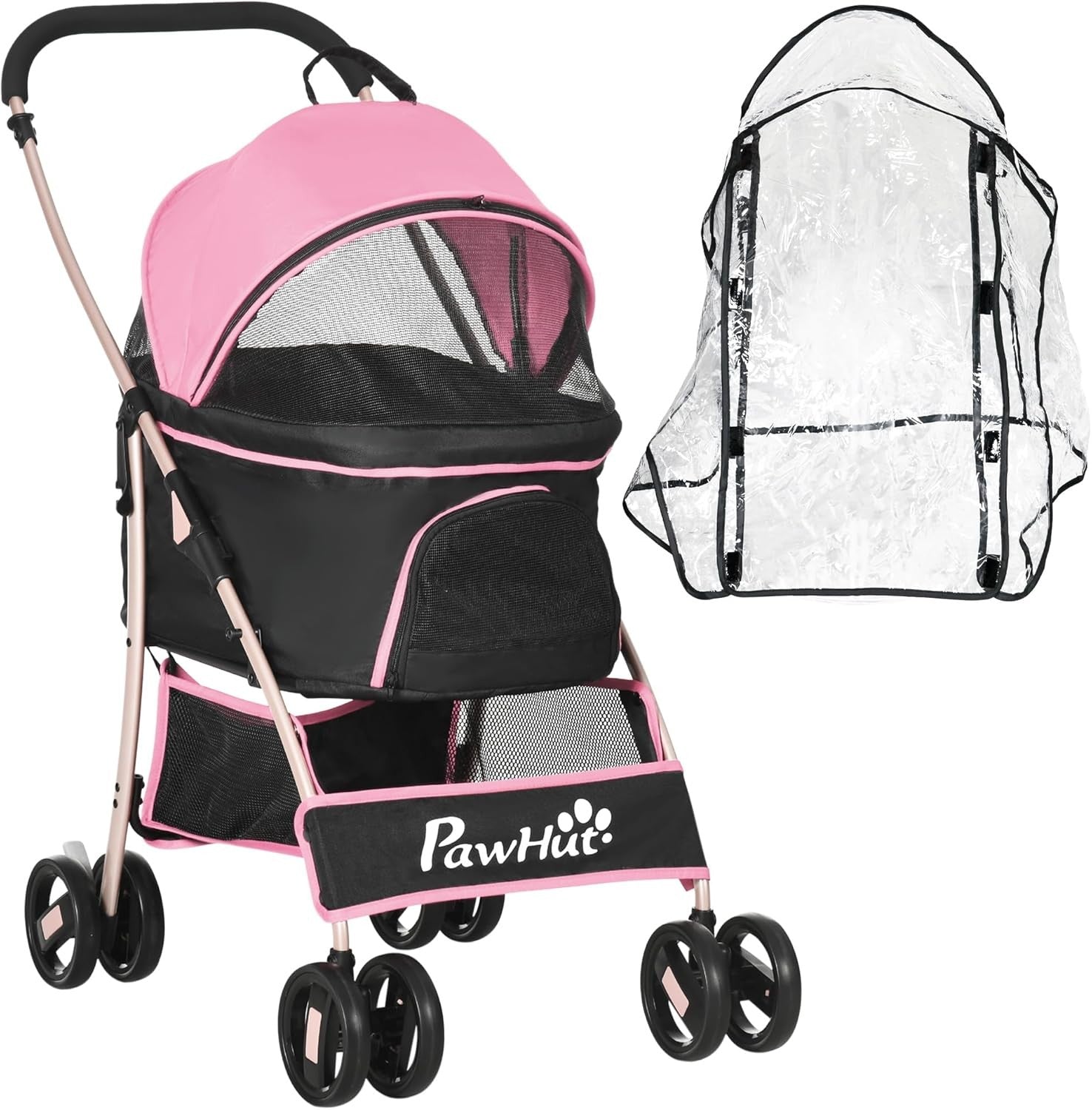 Pet Stroller 3-in-1 Foldable Dog Pushchair Rain Cover Pink Small Dogs