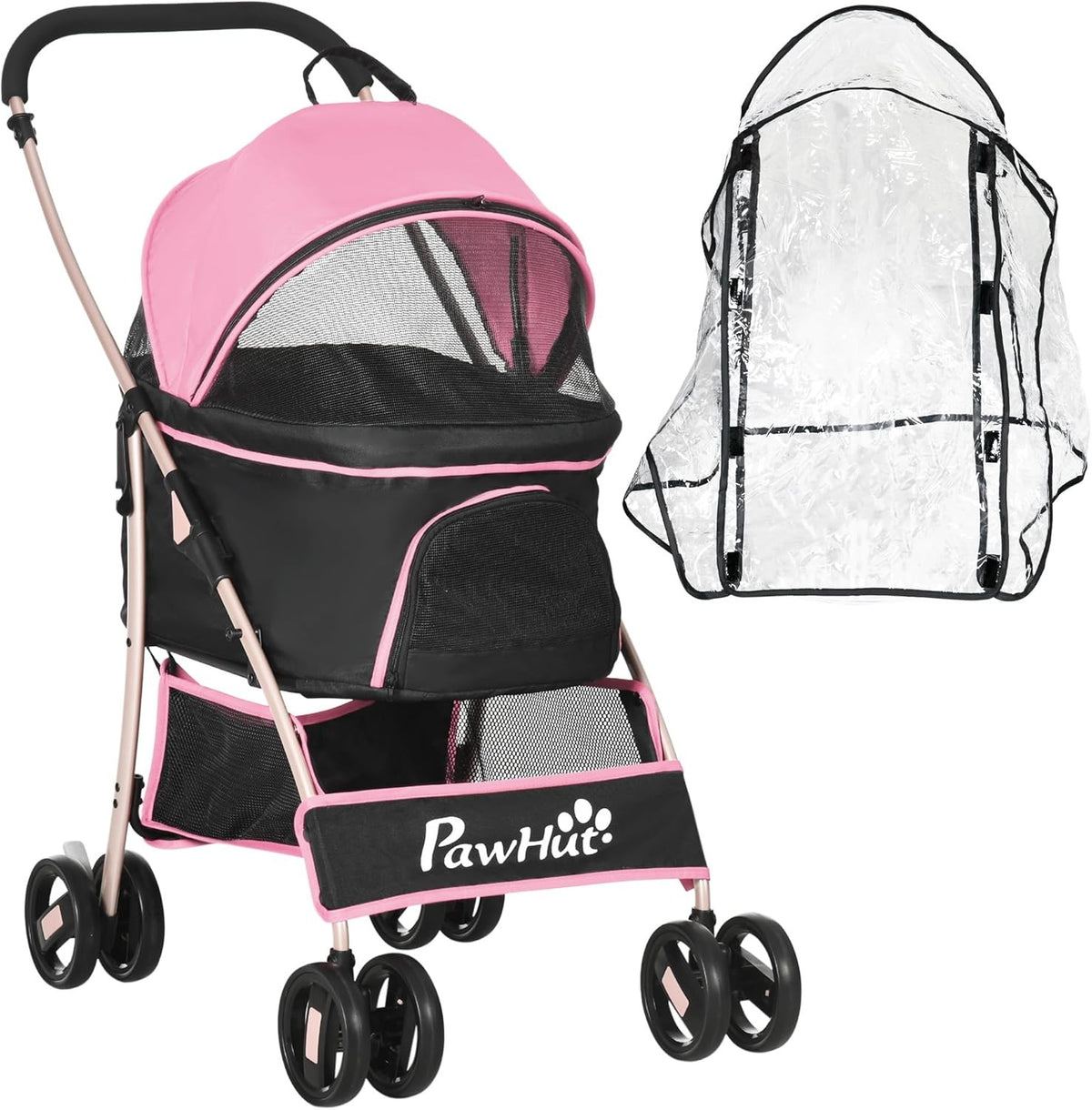 Pet Stroller 3-in-1 Foldable Dog Pushchair Rain Cover Pink Small Dogs