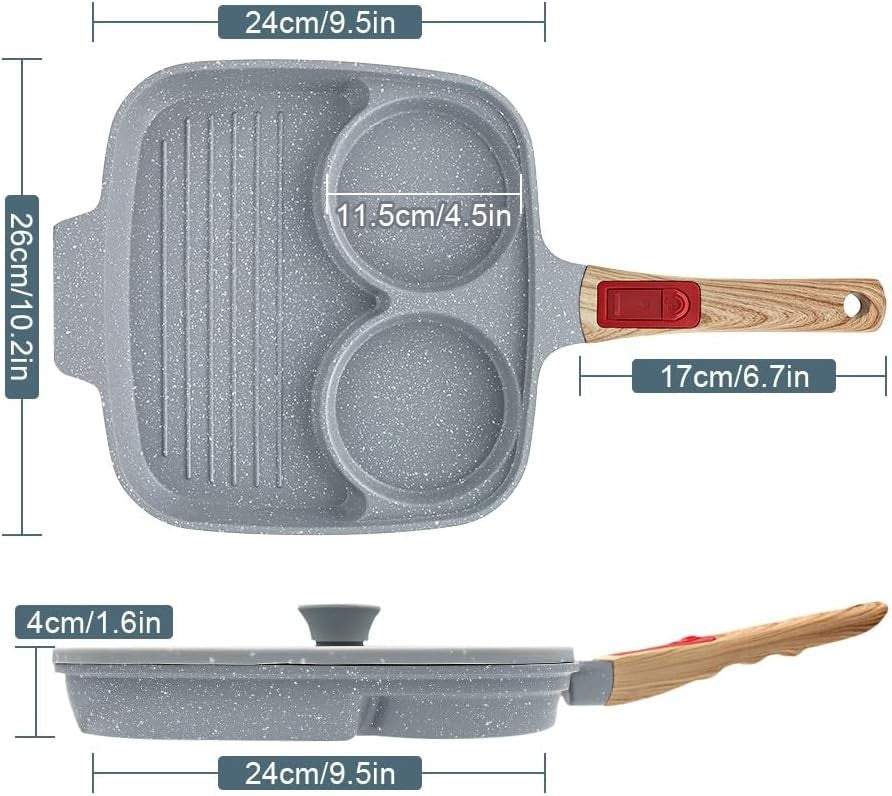 3-in-1 Divided Frying Pan Non-Stick Ceramic Multi-Section Egg Pan Lid Blue 26cm
