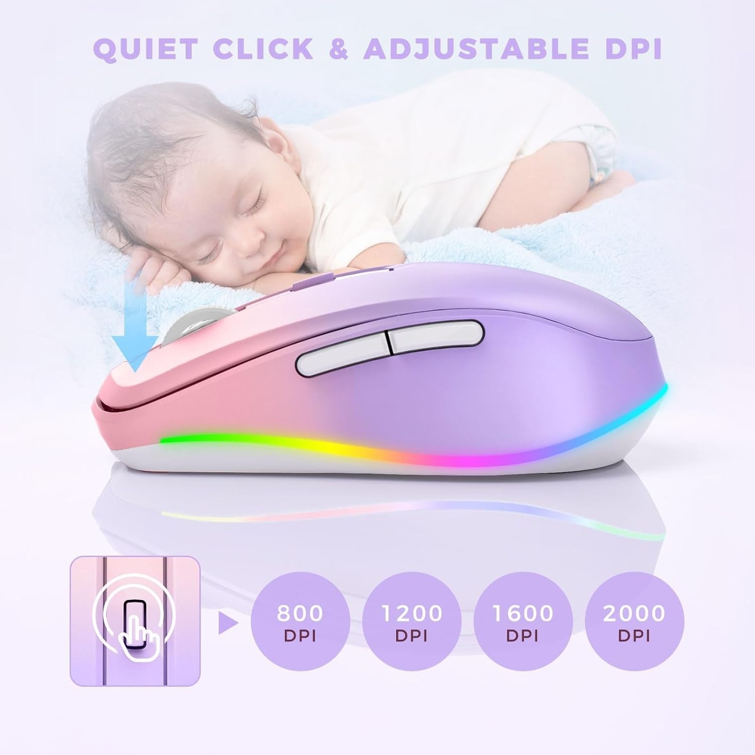 RGB Wireless Mouse Rechargeable Silent USB Jiggler Pink Purple