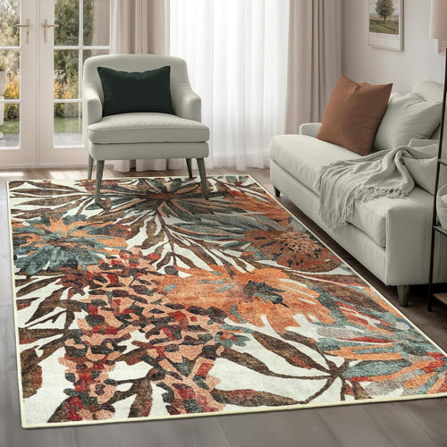 Large Washable Rug 200x290cm Non-Slip Soft Floral Area Carpet Dark Khaki Peach