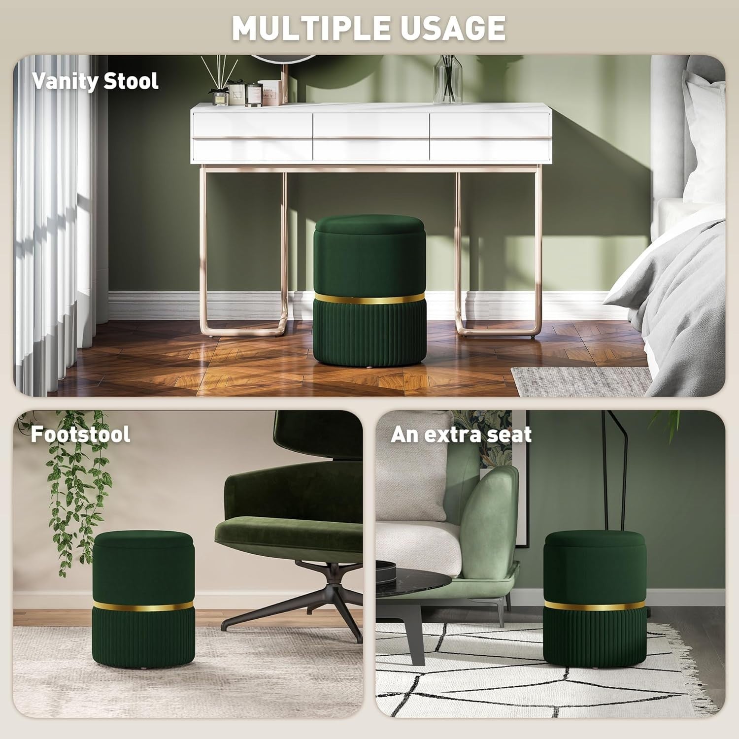 Dark Green Velvet Round Storage Stool – Padded Ottoman with Hidden Space