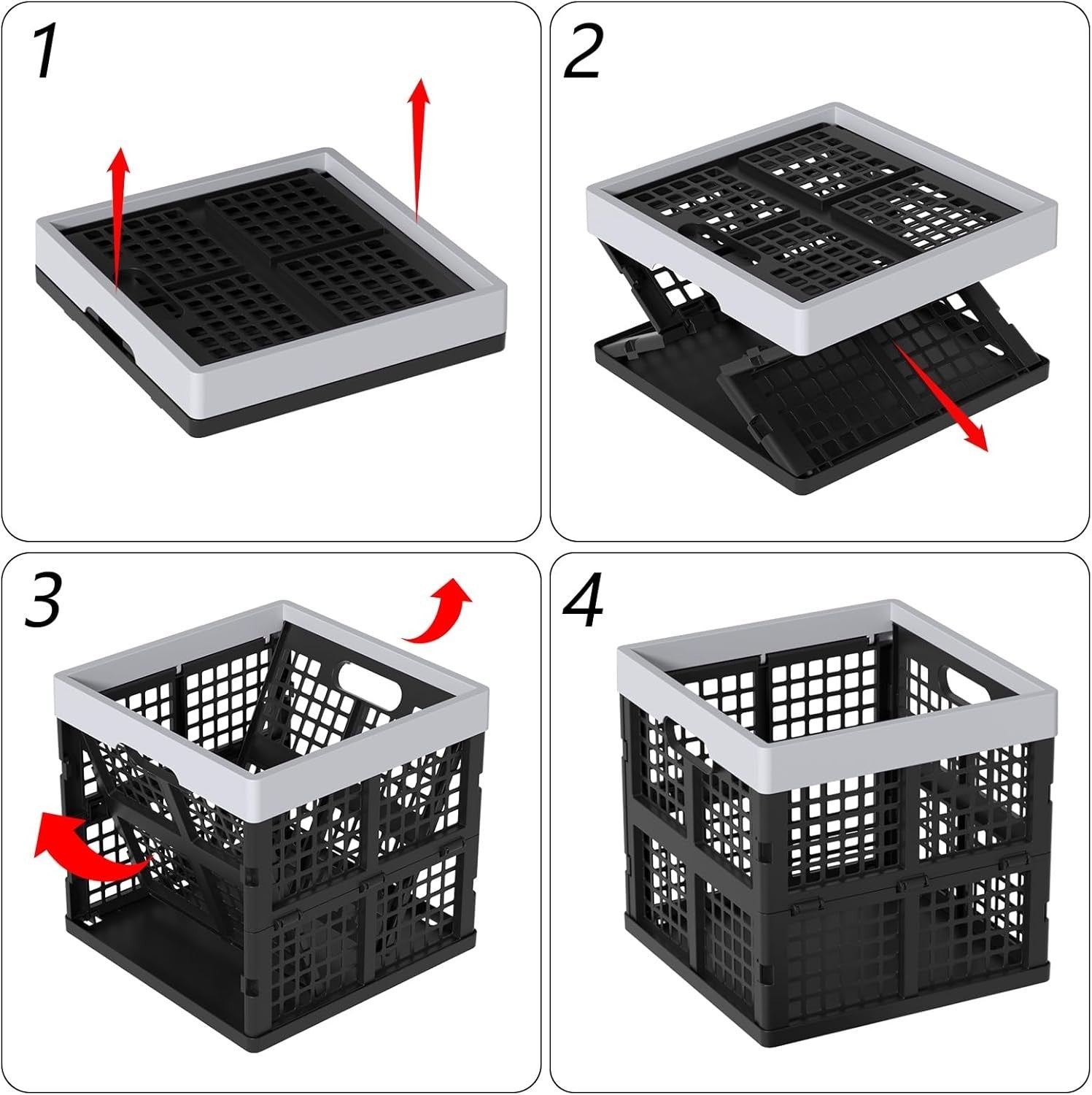 3 Pack 18L Folding Plastic Storage Crates Stackable 29.2cm Black