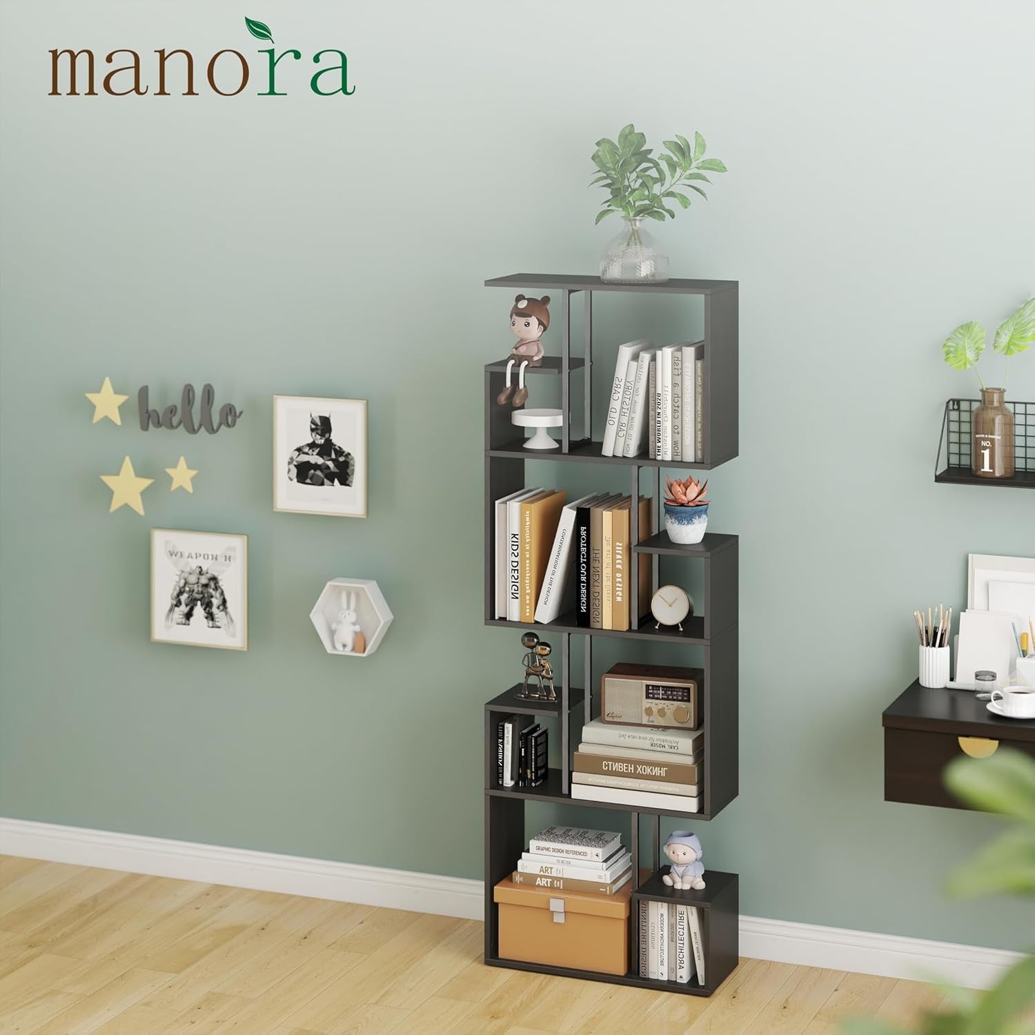 Black 4-Tier Slim Bookcase Room Divider, Modern Asymmetric Display Shelf