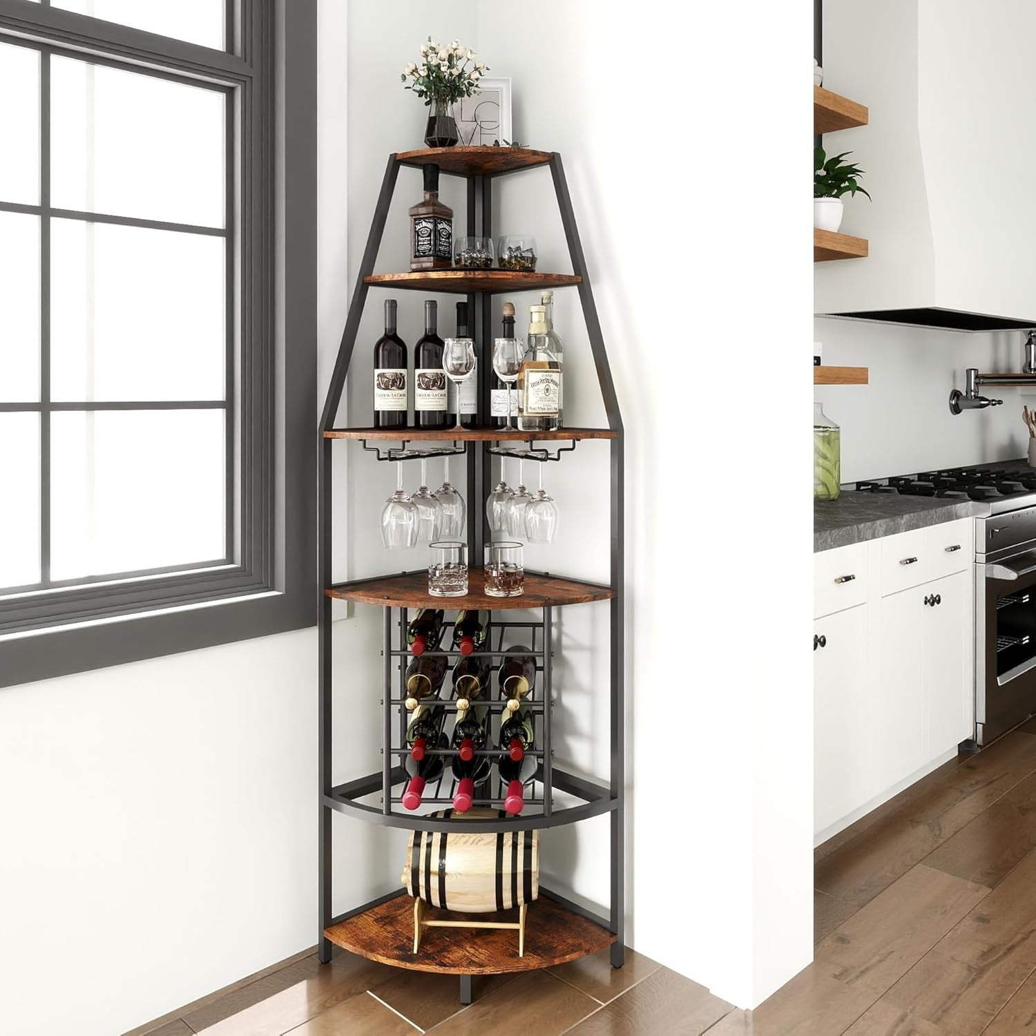5-Tier Corner Wine Rack with Glass Holders & Bottle Storage, Space-Saving Bar