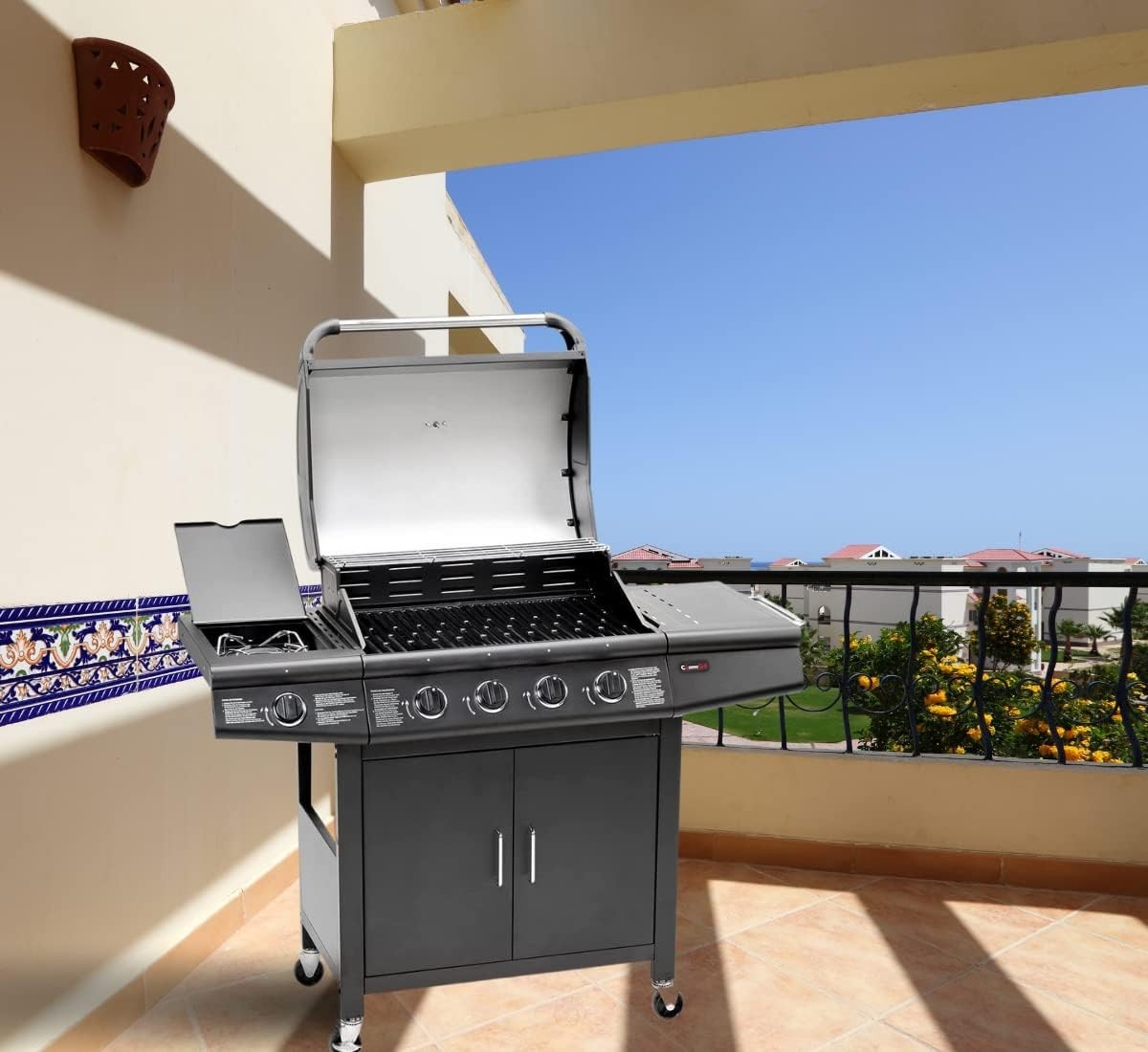 4+1 Gas BBQ Grill with Side Burner, 54x135x110cm, Storage Cabinet, Wheels, Cover