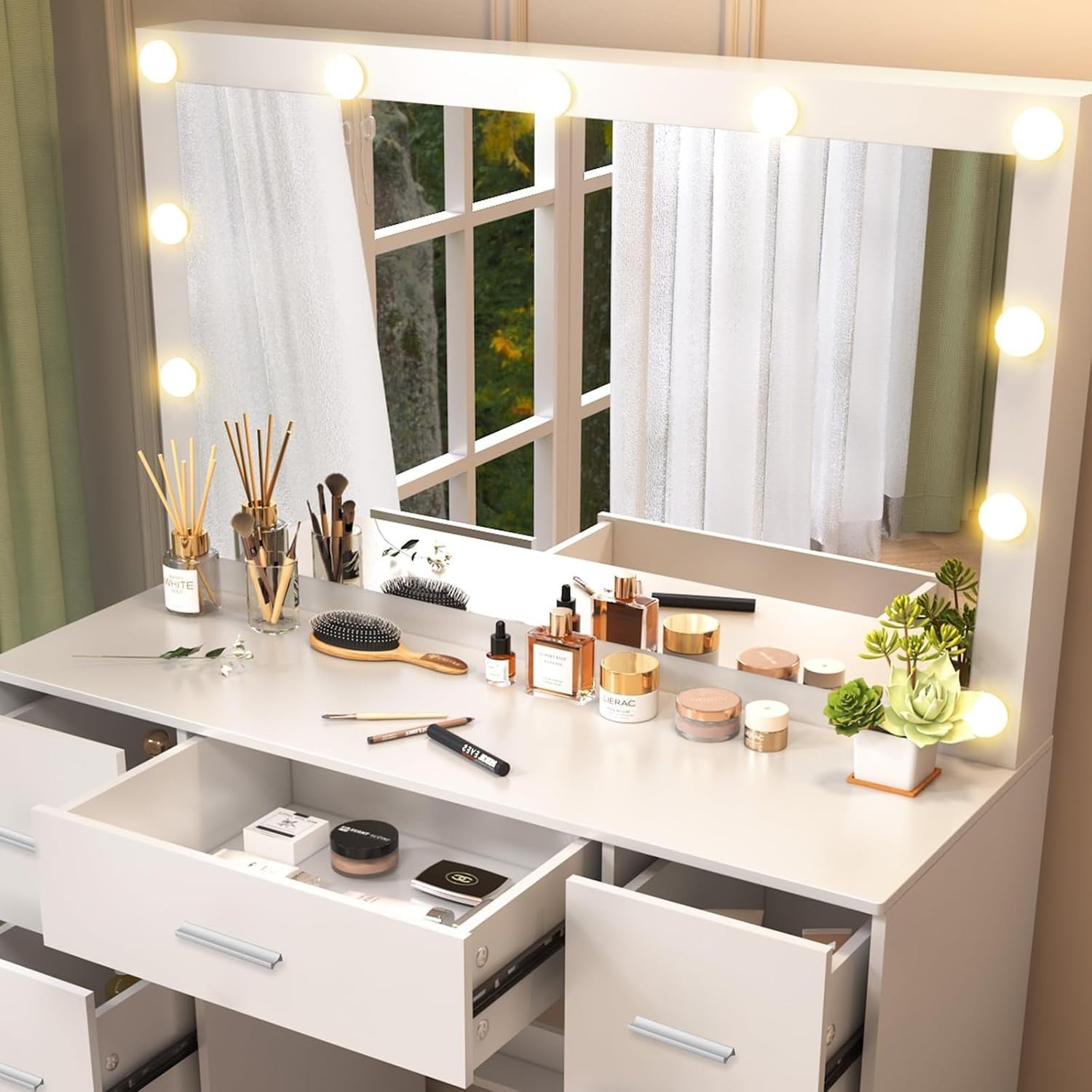 White Vanity Dressing Table with 11 LED Light Mirror, 7 Drawers, Modern Style