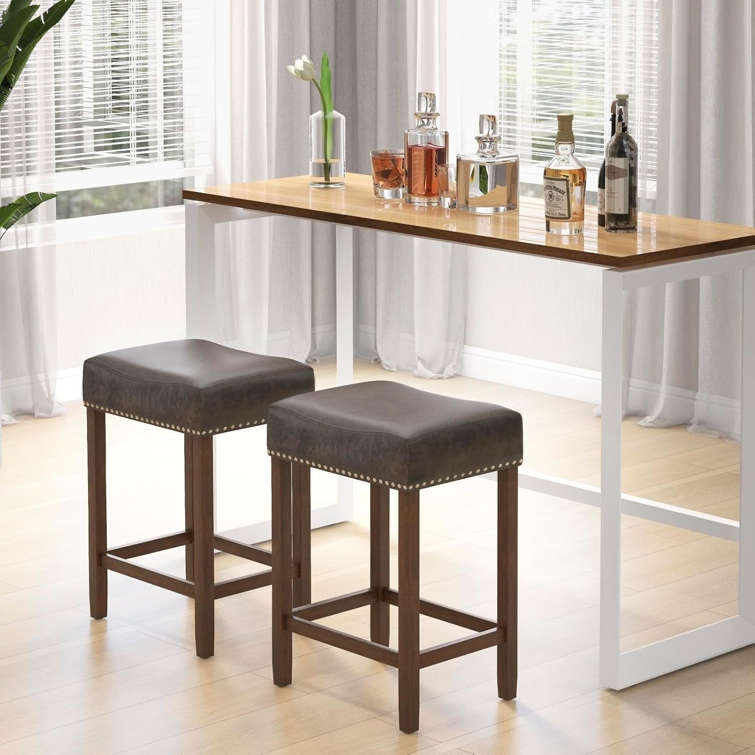 Gray & Brown Saddle Bar Stools Set of 2 – Solid Wood Chairs