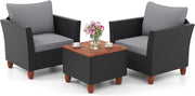3 Piece Rattan Bistro Set Garden Patio Chairs with Storage Table Cushions