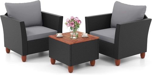 3 Piece Rattan Bistro Set Garden Patio Chairs with Storage Table Cushions