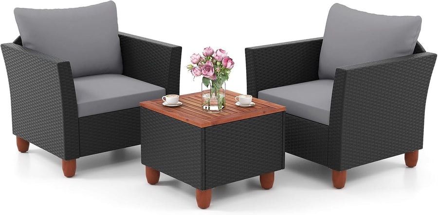 3 Piece Rattan Bistro Set Garden Patio Chairs with Storage Table Cushions