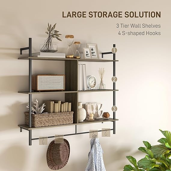 Wall Mounted Ladder Shelf 3-Tier Display Rack with Hooks – Rustic Grey Wood