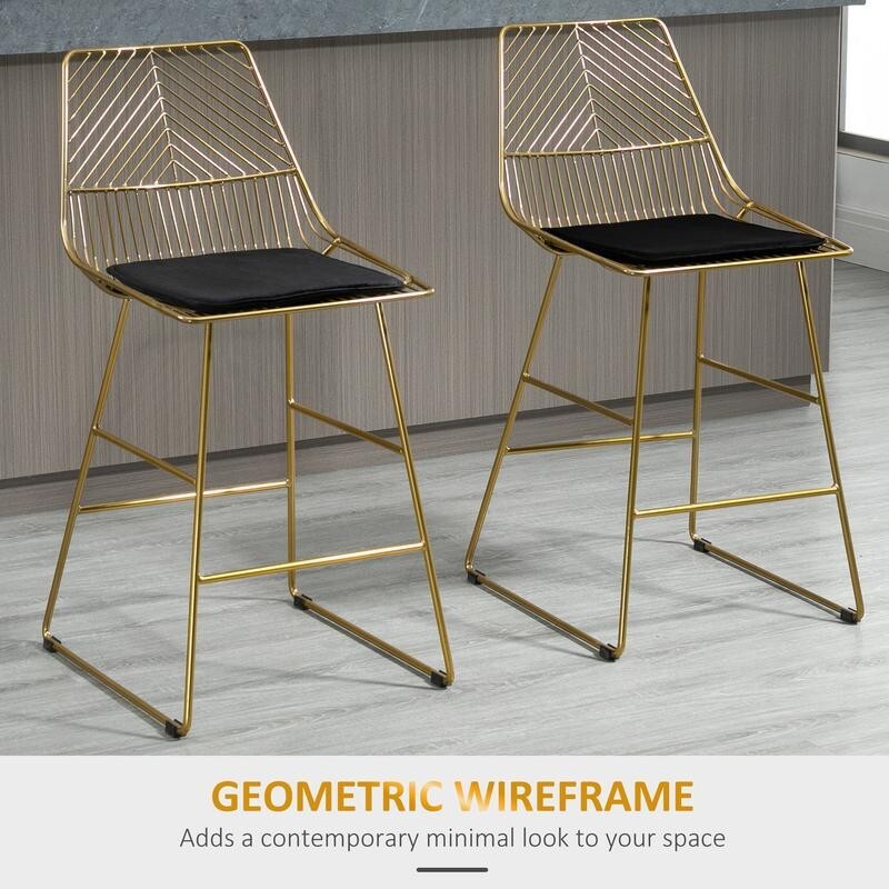 2x Gold Bar Stools Velvet Seat Counter Height Kitchen Breakfast Chairs