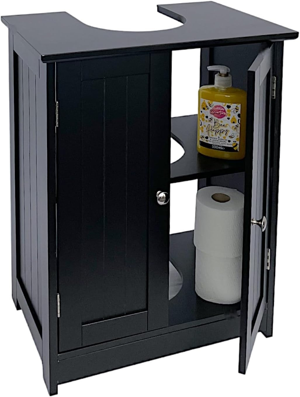 Black Under Sink Bathroom Cabinet 50x48x60cm – 2 Door Storage Unit with Shelves