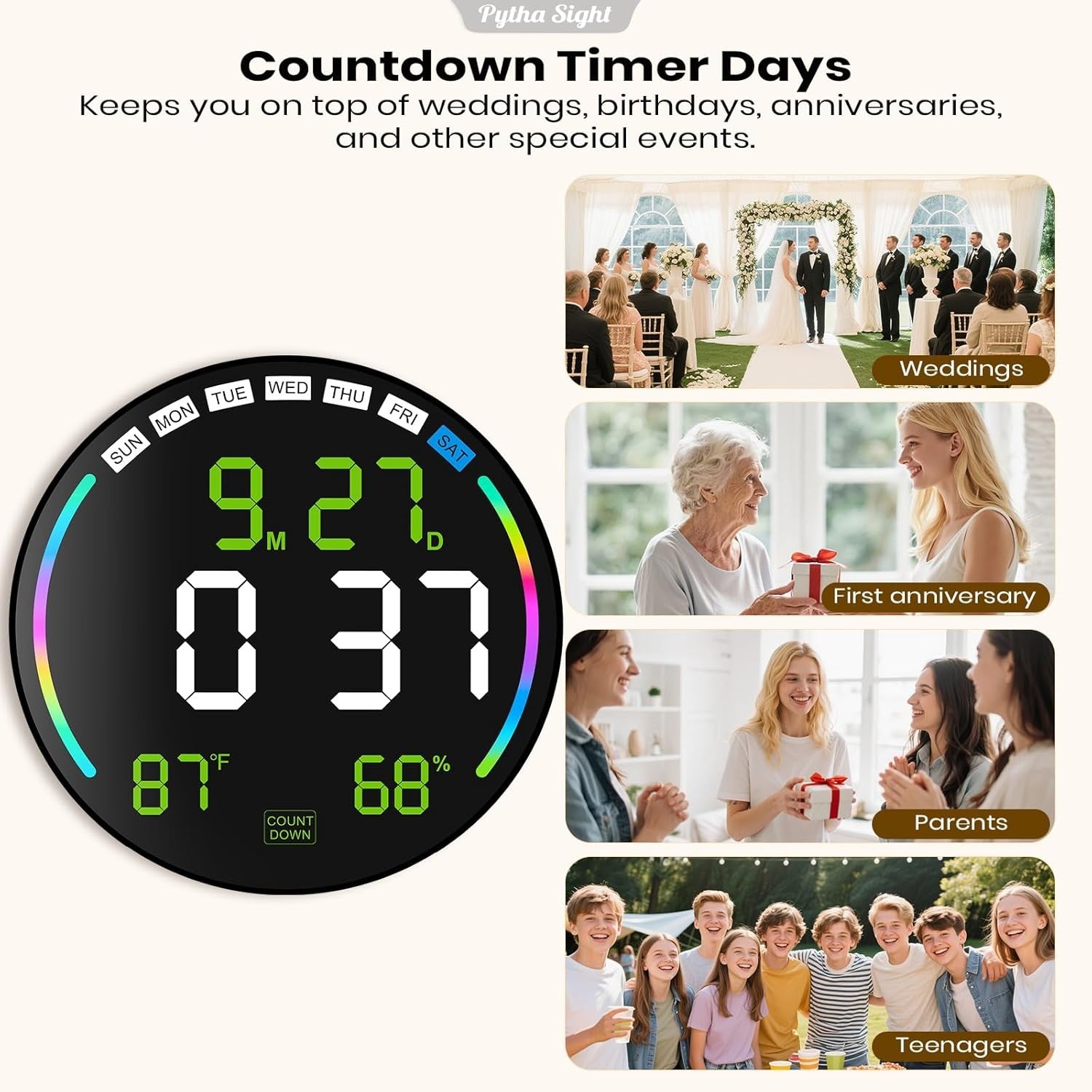 Green Large Digital Wall Clock LED Countdown Timer Remote Temp Humidity