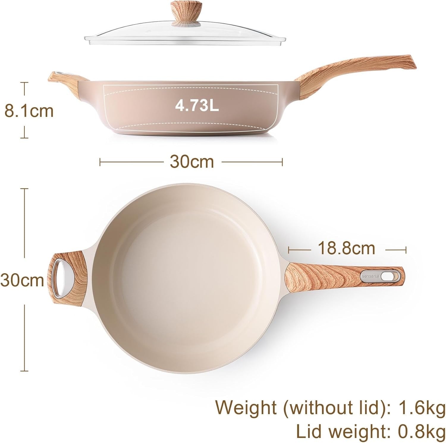 30cm Beige Deep Non Stick Saute Pan with Lid, 4.7L Skillet Induction Compatible