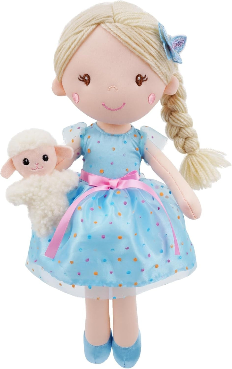 38cm Plush Doll with Lamb Companion Soft Cuddly Toy Blue Dress Gift Kids