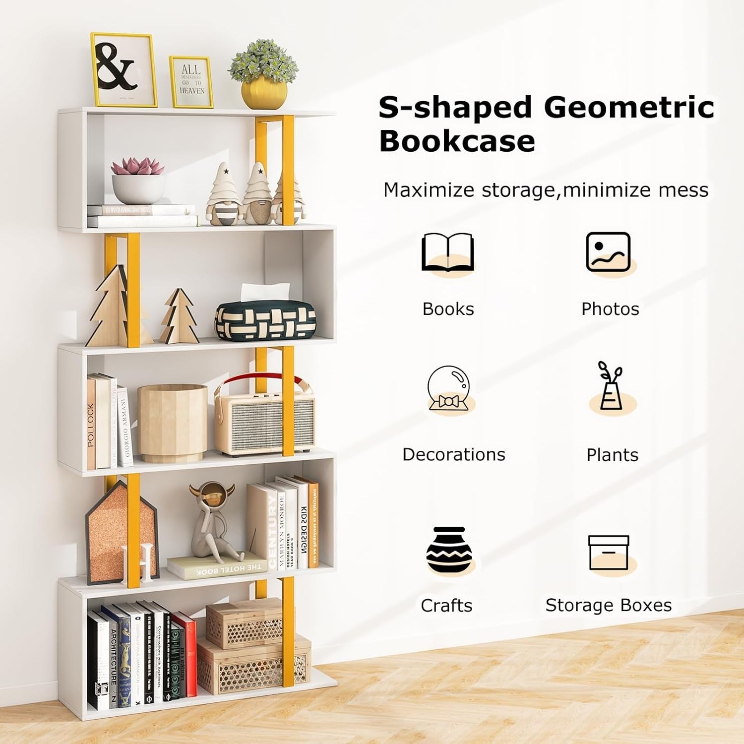 5-Tier S-Shaped Geometric Bookcase Modern Display Shelf for Living Room Office