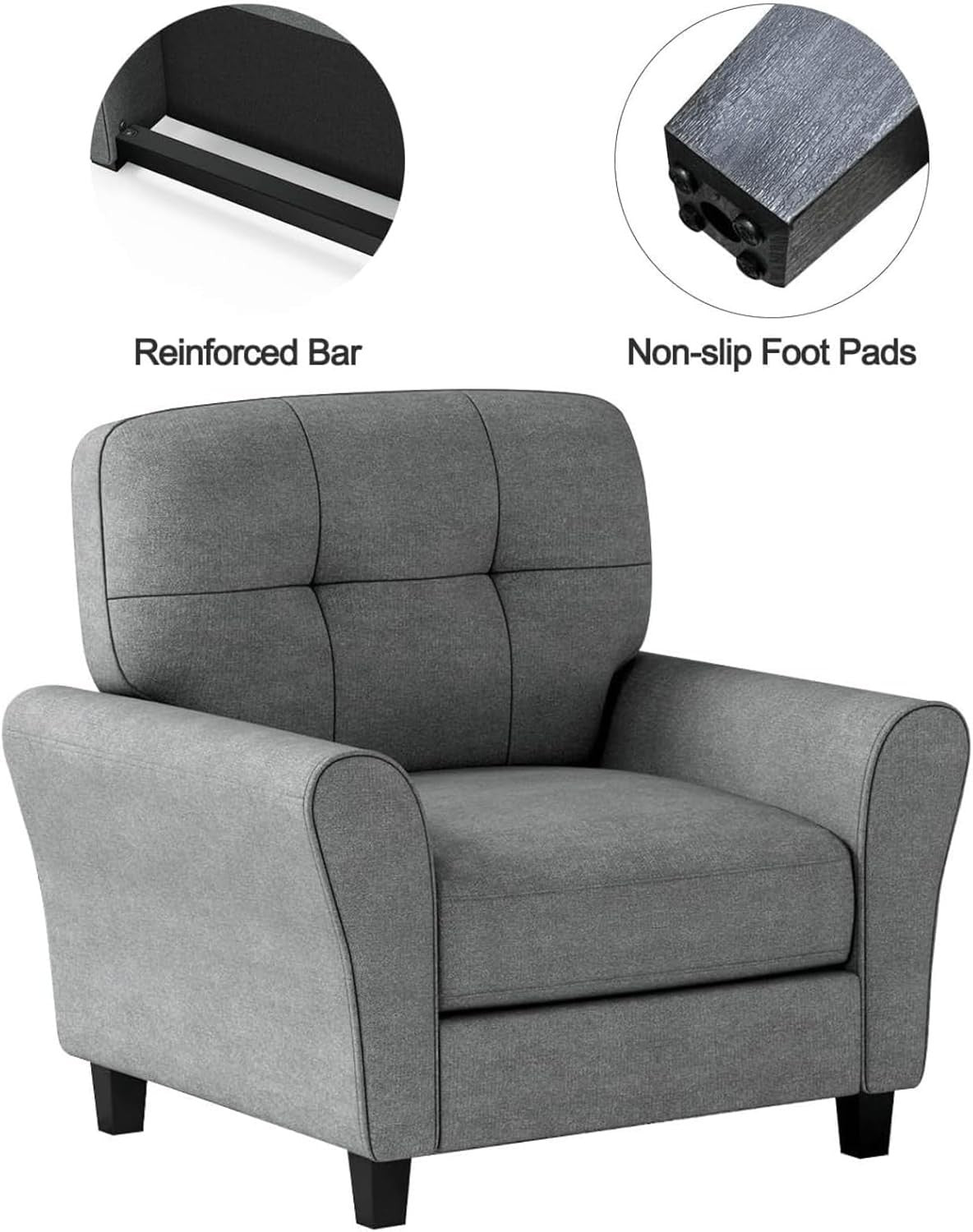 Modern Tufted Accent Chair Grey Lounge Sofa with Removable Cushions