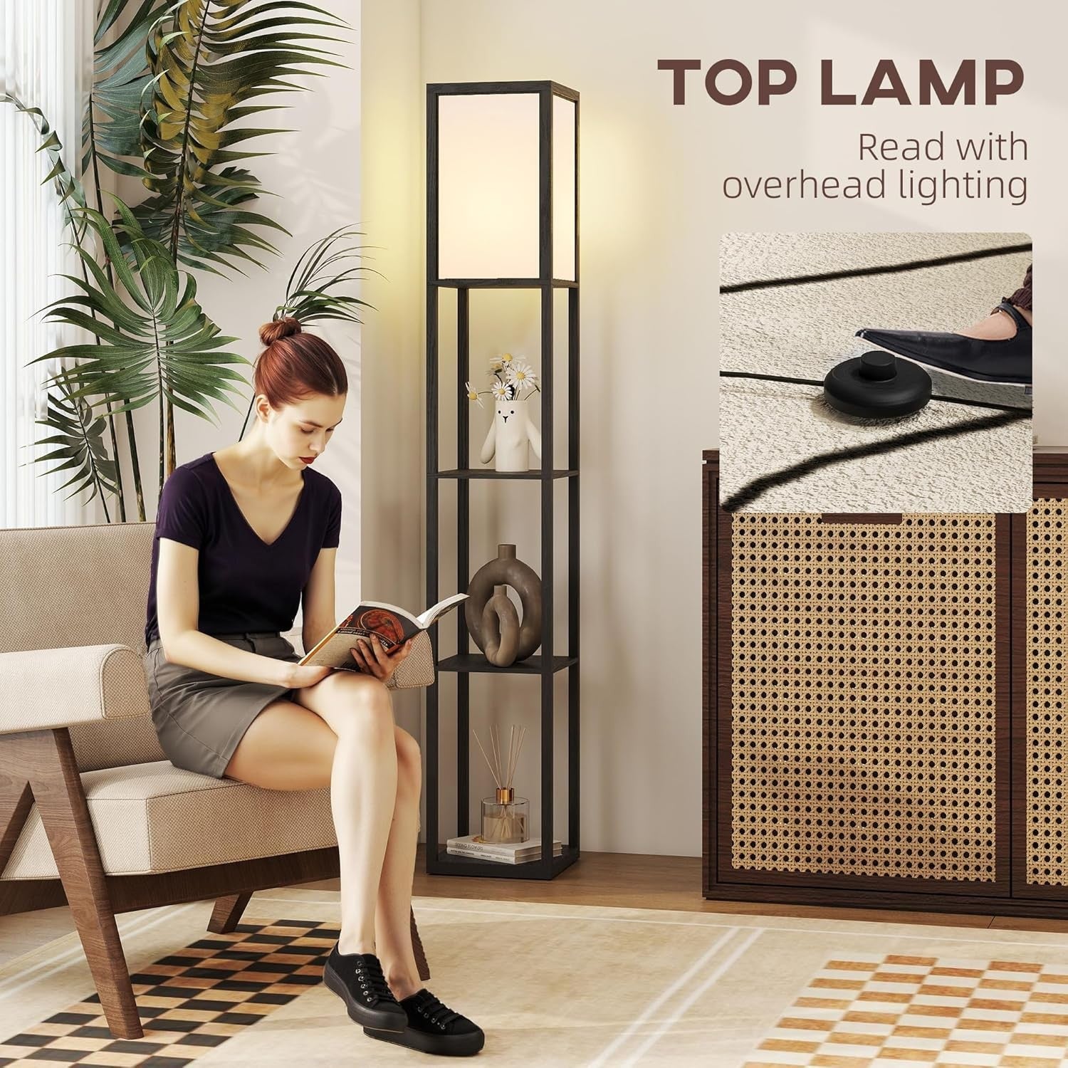 Floor Lamp with Shelves Storage Standing Light Black Modern 3 Tier 160cm