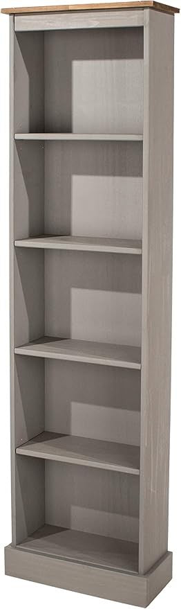 Tall Narrow 5 Tier Bookcase Grey Slim Storage Shelf Unit Modern Space Saving