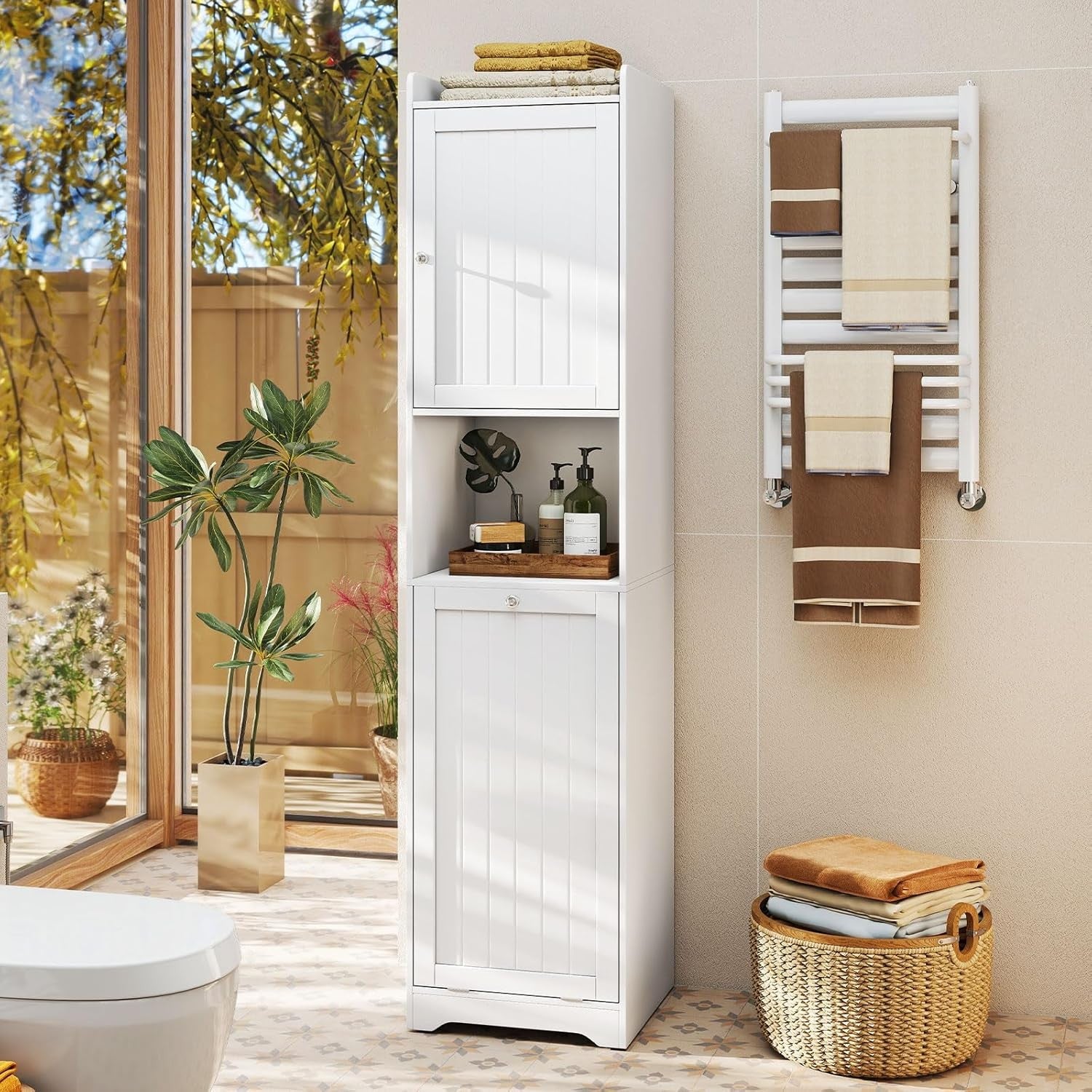Tall Bathroom Cabinet with Tilt-Out Laundry Basket & Adjustable Shelves | Slim 1