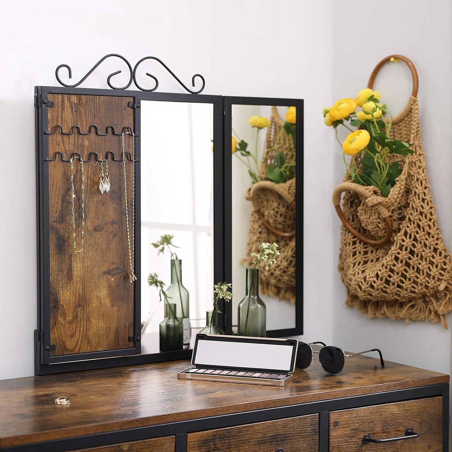 Rustic Dressing Table Vanity Set 3-Fold Mirror Stool Drawers Makeup Desk