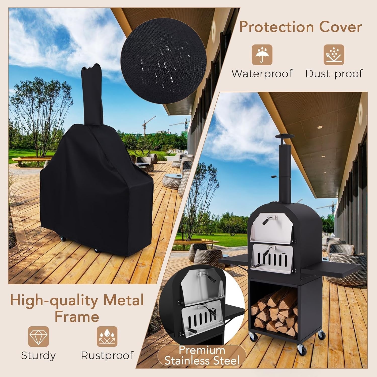 Outdoor Wood-Fired Pizza Oven | BBQ Grill w/ Side Shelves, Thermometer & Cover