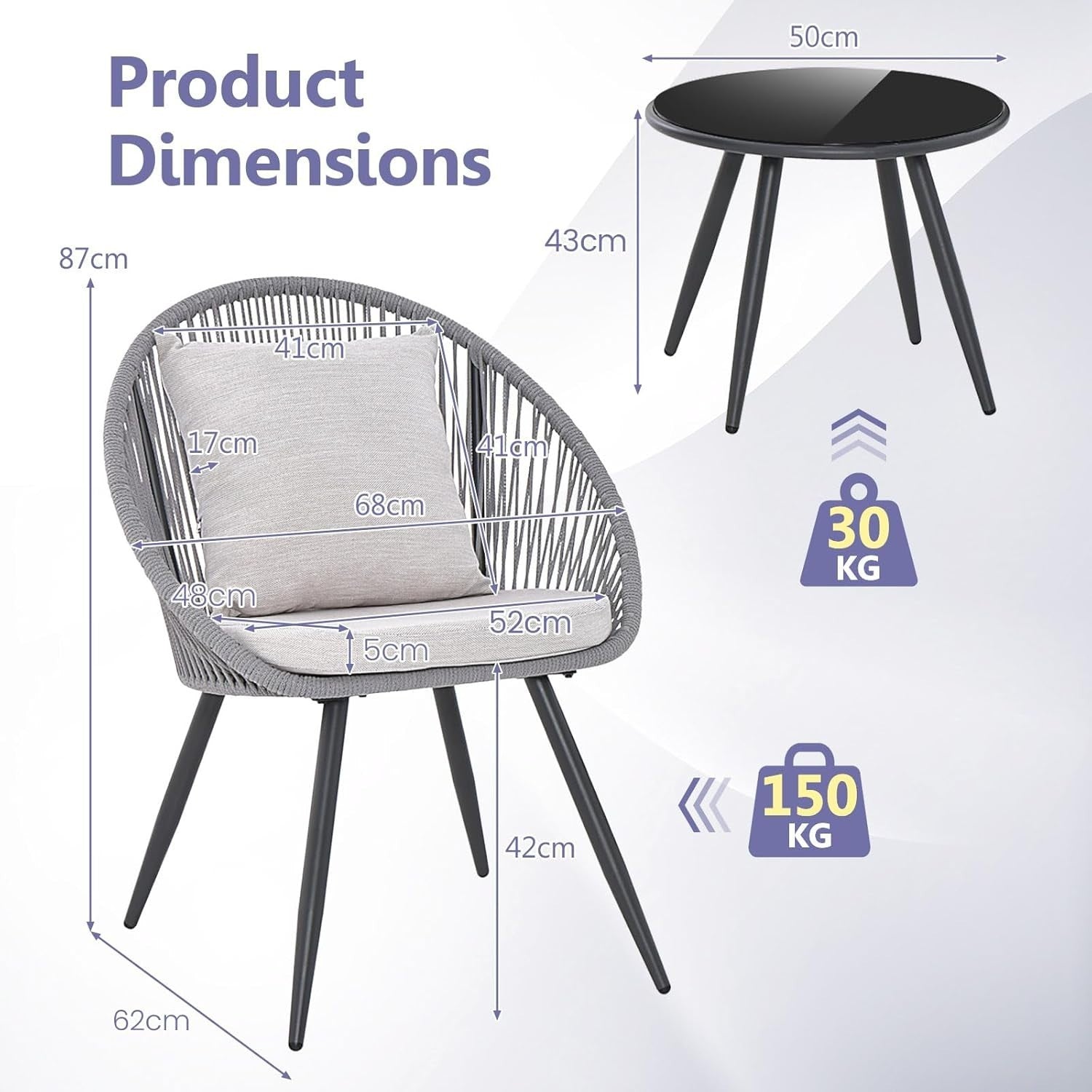 Modern Rattan Bistro Chair Set Tempered Glass Table Cushioned Garden Patio