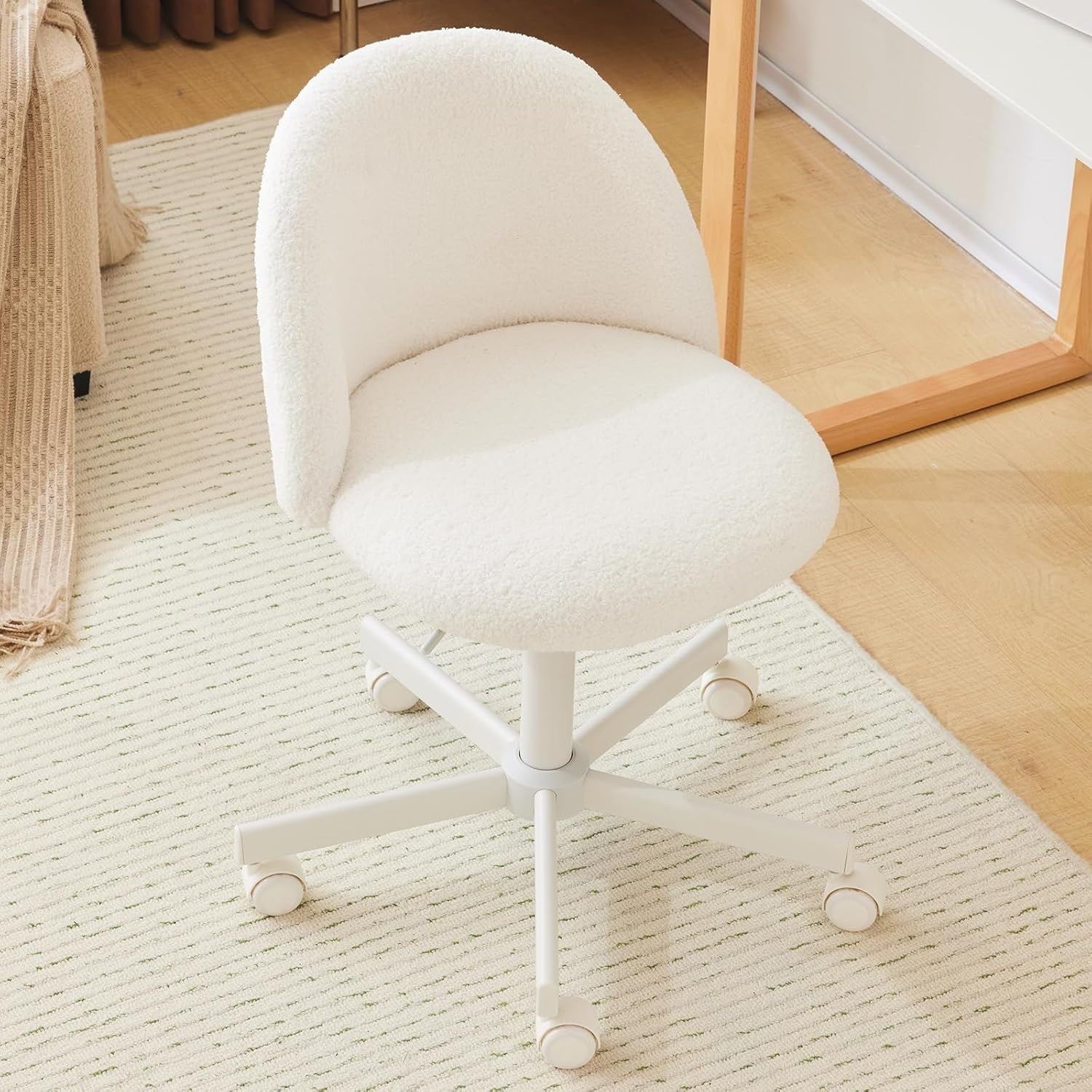 Elegant White Teddy Fleece Swivel Desk Chair Small Adjustable Vanity Seat
