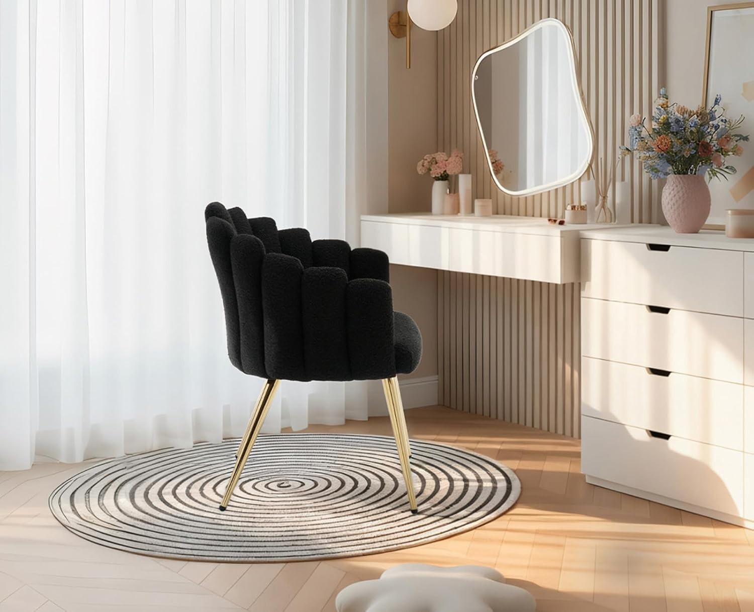 Black Faux Fur Accent Armchair – Modern Lounge Chair with Metal Legs & Arms