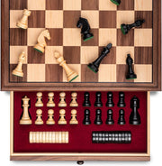 15" Walnut Wooden Chess Set w/ Storage Drawer & 3" Weighted Pieces