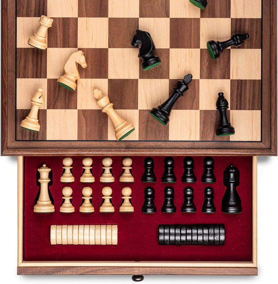 15" Walnut Wooden Chess Set w/ Storage Drawer & 3" Weighted Pieces