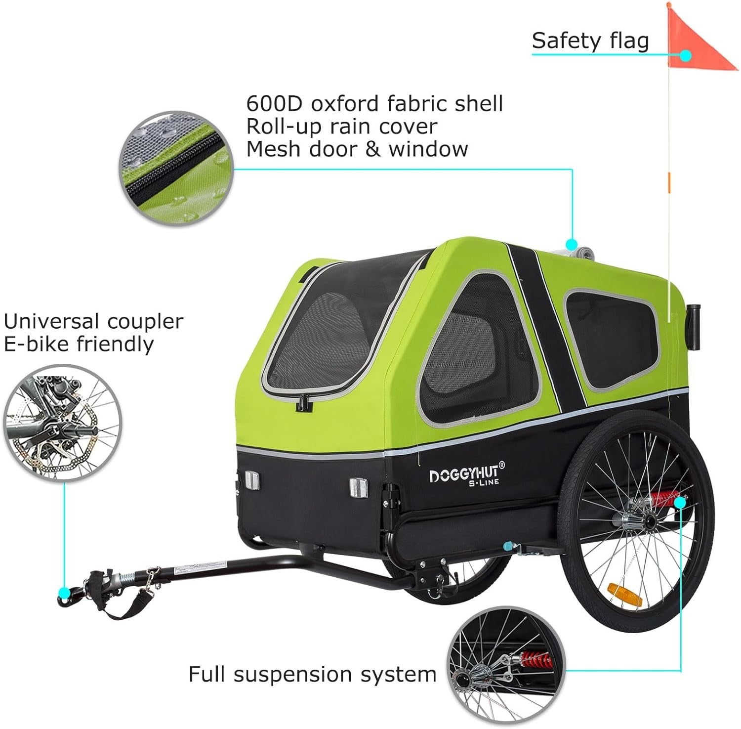 Dog Bike Trailer Stroller 45kg Folding Suspension Cart Green Black with Brakes