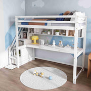 Kids Loft Bunk Bed with Desk Shelves Storage Stairs 3FT Pine Wood 90x190 White