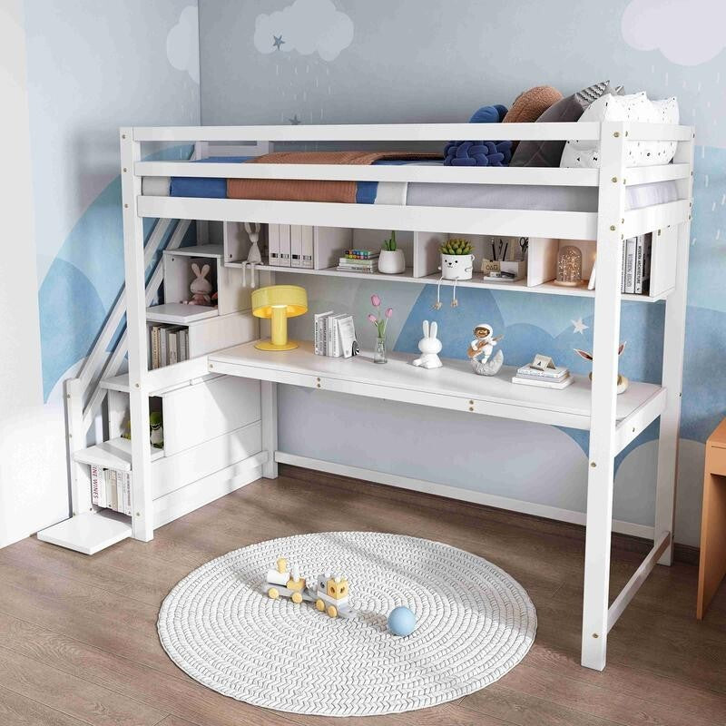 Kids Loft Bunk Bed with Desk Shelves Storage Stairs 3FT Pine Wood 90x190 White