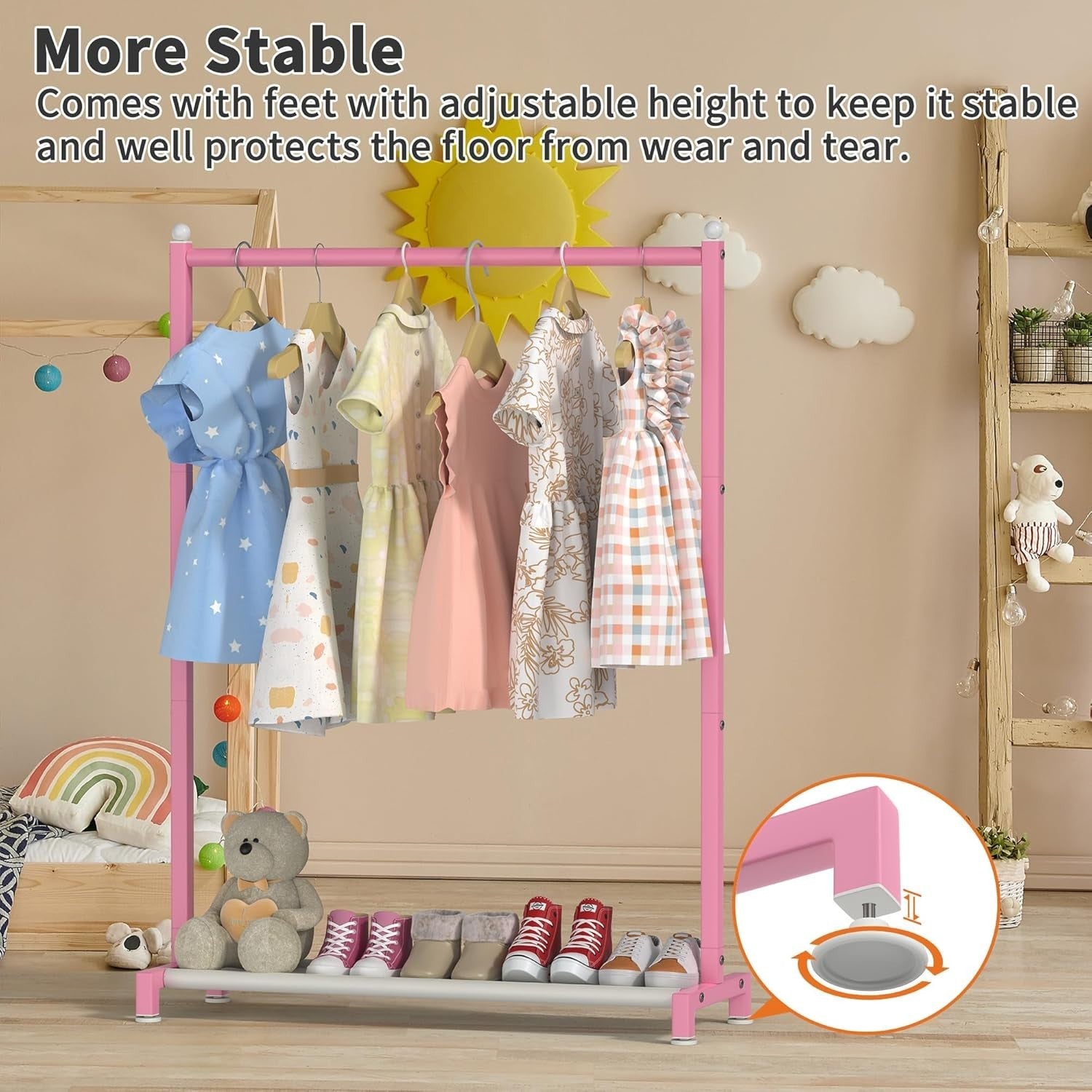 Pink Kids Clothing Rack with Shelf & Adjustable Feet 117cm